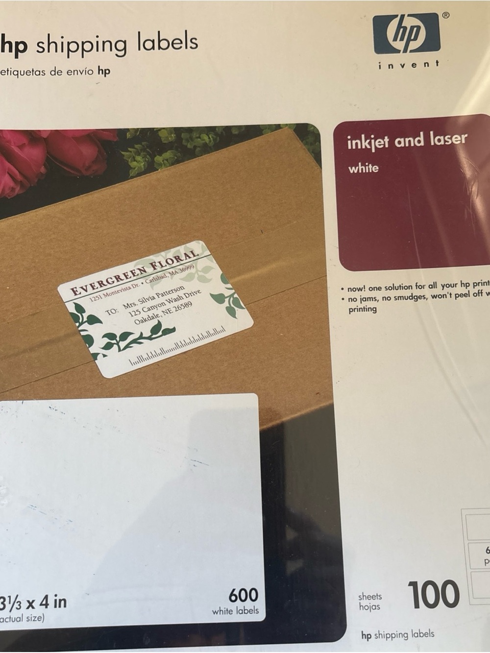 HP 3 1/3 x 4 Shipping Labels Inkjet Laser 6 per sheet 100 sheets 600 white